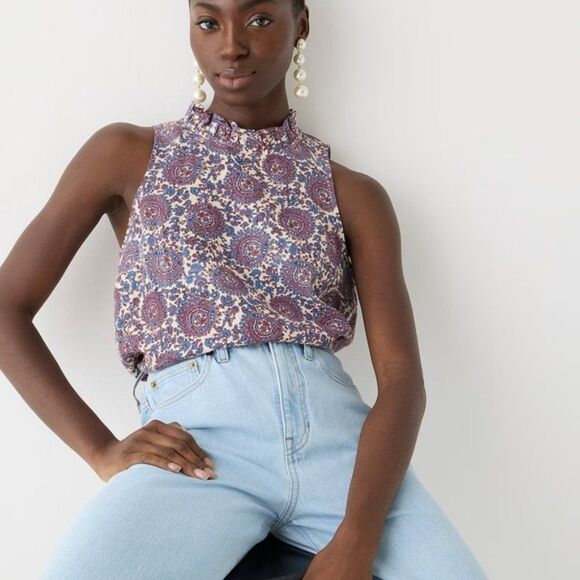 J. Crew‎ -243 NWT Sail Blue Floral Linen Fleur  Sleeveless Ruffled Top M - Picture 2 of 8